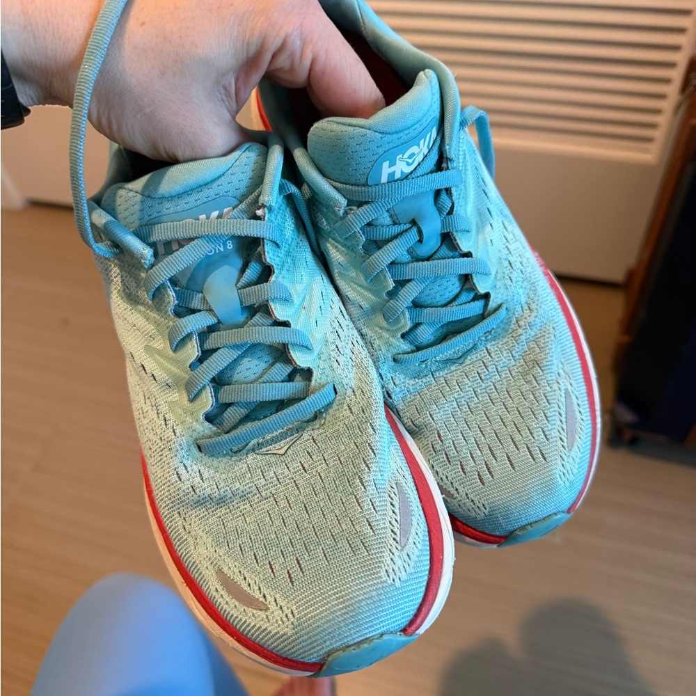 HOKA Women's Clifton 8 Running Shoes - Teal and Red - Picture 7 of 16